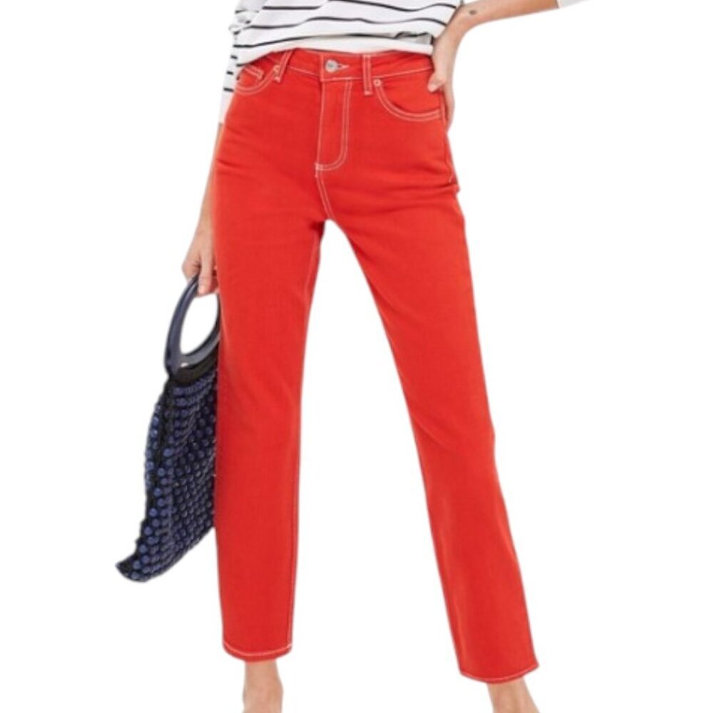 Topshop Moto Red High Rise Straight Leg Jeans Women’s Size 28x30 Contrast Stitch